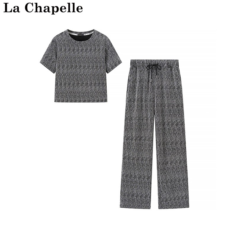 拉夏贝尔/La Chapelle夏季休闲时尚套装女夏季修身短袖阔腿裤套装