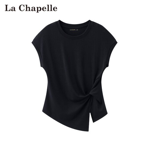 拉夏贝尔/La Chapelle夏季新款韩式套头圆领修身褶皱气质通勤短袖