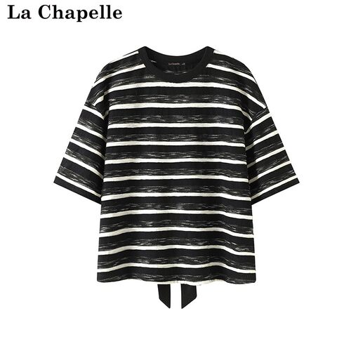 拉夏贝尔/La Chapelle条纹后背蝴蝶结短袖T恤开叉宽松洋气上衣女