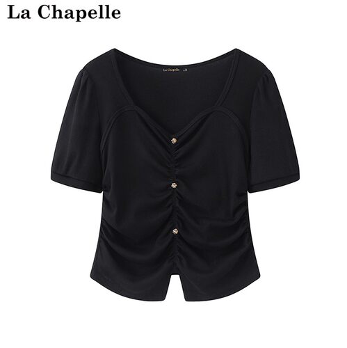 拉夏贝尔/La Chapelle小香风抽褶短袖T恤女夏季新款修身显瘦上衣