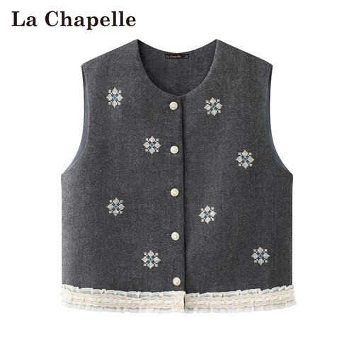 拉夏贝尔/La Chapelle春季新款蕾丝拼接刺绣通勤风无袖叠穿马甲女