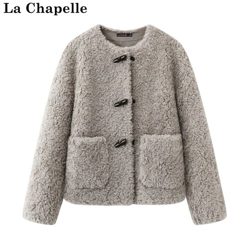 拉夏贝尔/La Chapelle秋冬新款文艺复古圆领加厚气质毛毛短外套女