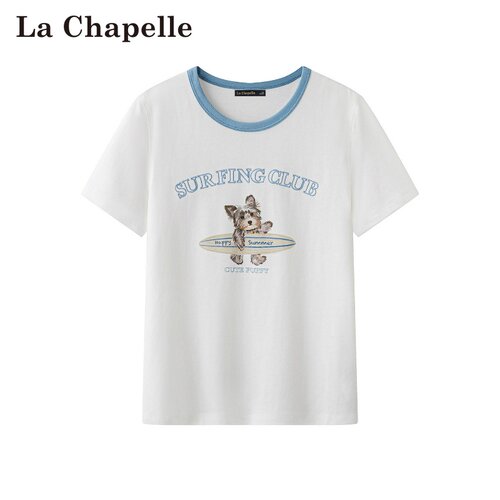 拉夏贝尔/La Chapelle夏季新款撞色圆领美式风卡通印花短袖上衣女