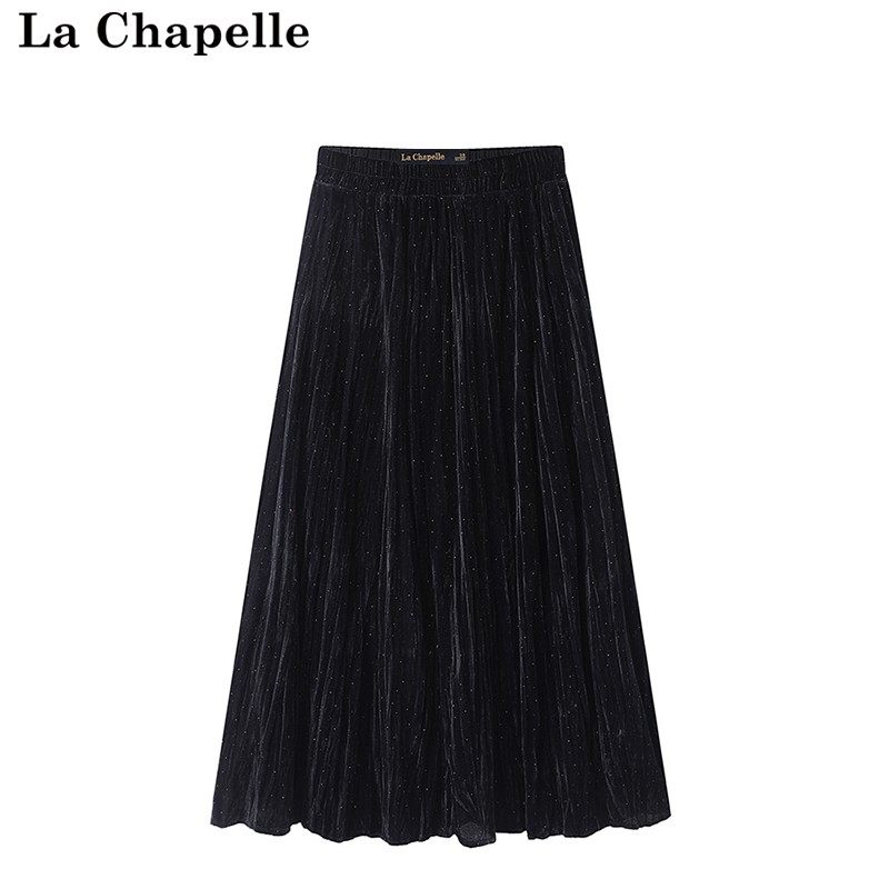 拉夏贝尔/La Chapelle新年穿搭丝绒半身裙女冬季新款烫钻黑色裙子