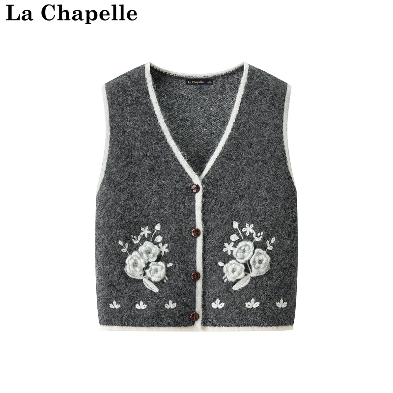 拉夏贝尔/La Chapelle秋冬新款慵懒风无袖重工提花设计感针织背心