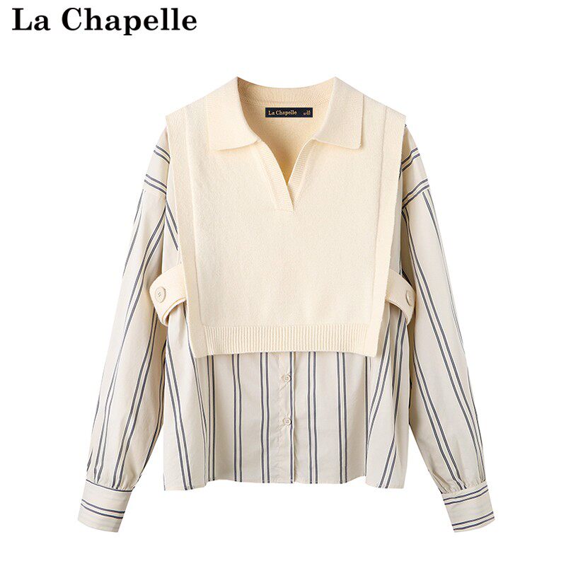 拉夏贝尔/La Chapelle秋新款假两件马甲拼接衬衣条纹宽松衬衫上衣高性价比高么？