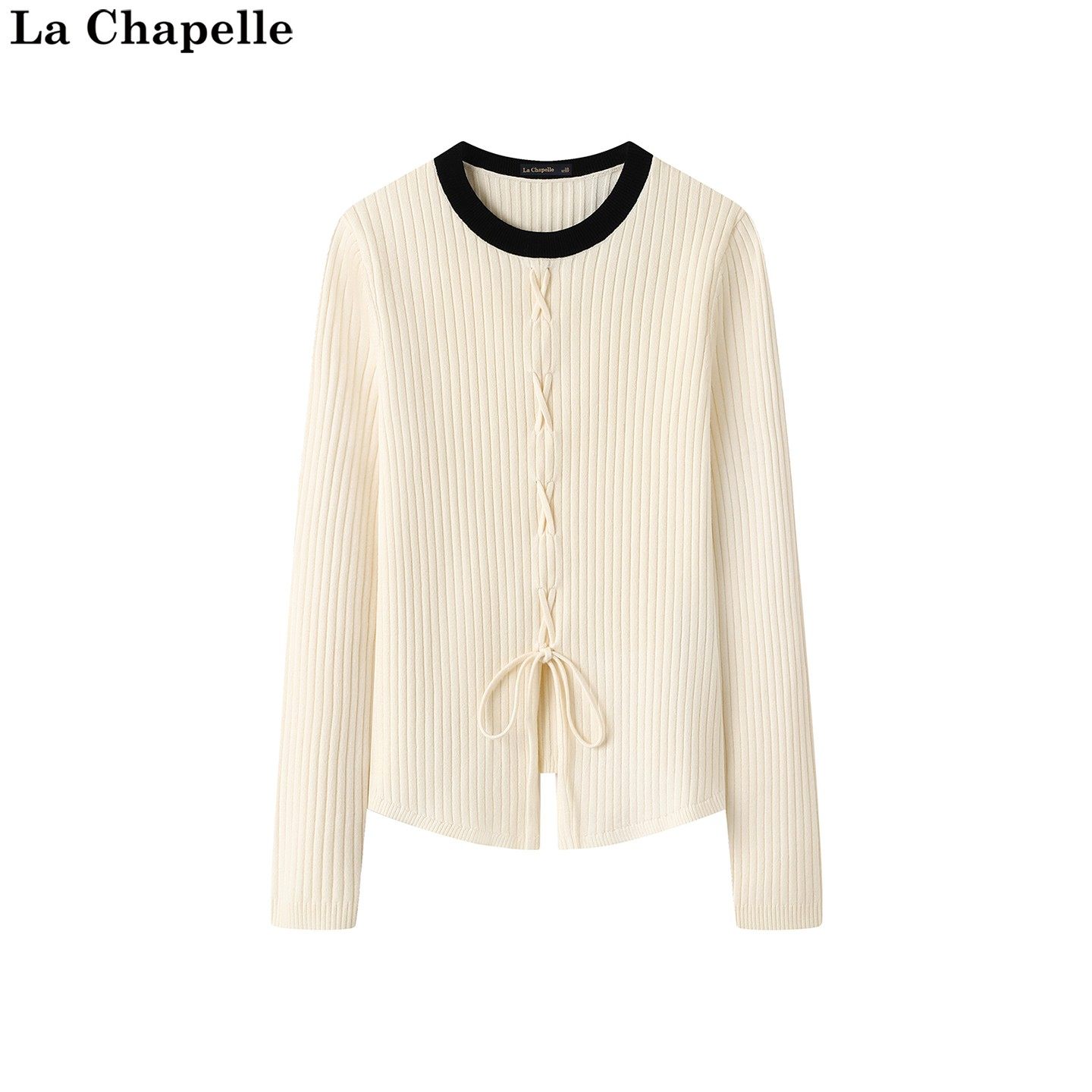 拉夏贝尔/La Chapelle秋季新款圆领撞色绑带修身内搭长袖针织衫女