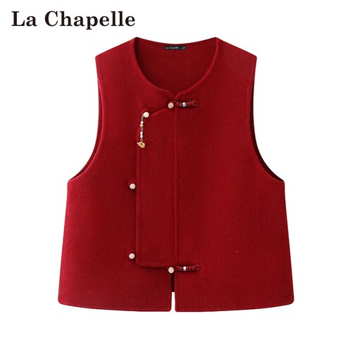 拉夏贝尔/La Chapelle春季新款圆领新中式挂坠坎肩外搭毛呢马甲女