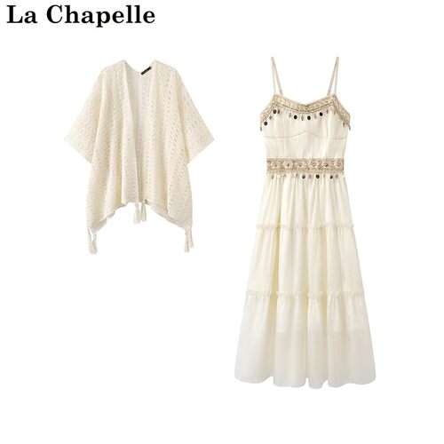 拉夏贝尔/La Chapelle波西米亚度假风镂空流苏外搭吊带裙两件套女