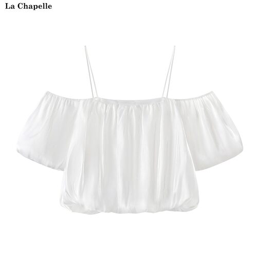 拉夏贝尔/La Chapelle夏季新款纯色褶皱一字领短款韩版淑女吊带女