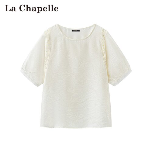 拉夏贝尔/La Chapelle春夏新款国风圆领通勤风镂空花边短袖衬衫女