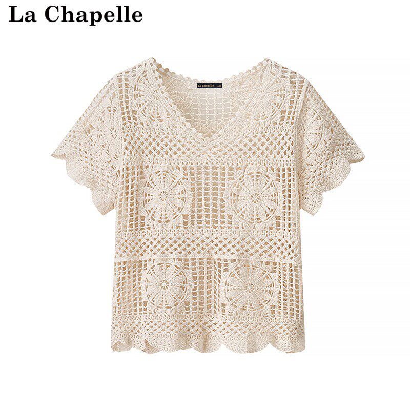 拉夏贝尔/La Chapelle民族风镂空钩花V领T恤女春夏季百搭短袖上衣