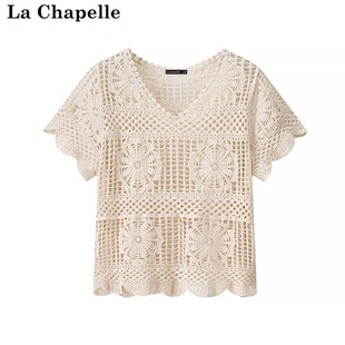 拉夏贝尔/La Chapelle民族风镂空钩花V领T恤女春夏季百搭短袖上衣