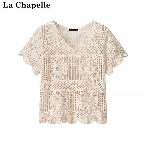 拉夏贝尔/La Chapelle民族风镂空钩花V领T恤女春夏季百搭短袖上衣