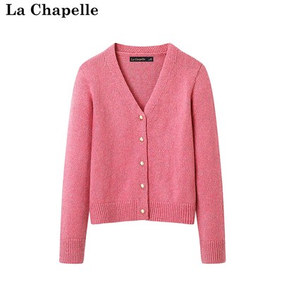 拉夏贝尔/La Chapelle秋冬季针织V领毛衣开衫短款毛衣树莓红上衣