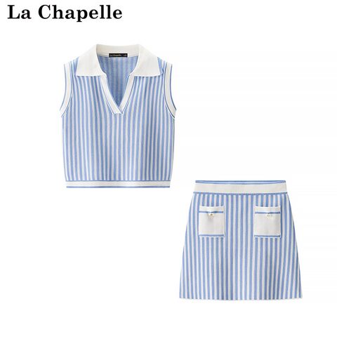 拉夏贝尔/La Chapelle夏季蓝色条纹针织套装无袖翻领背心短裙套装
