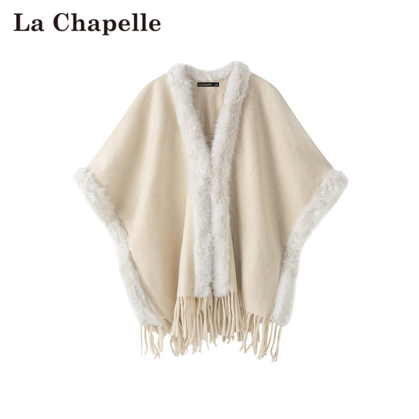 拉夏贝尔/La Chapelle冬季带毛领保暖流苏披肩斗篷外搭高级感上衣