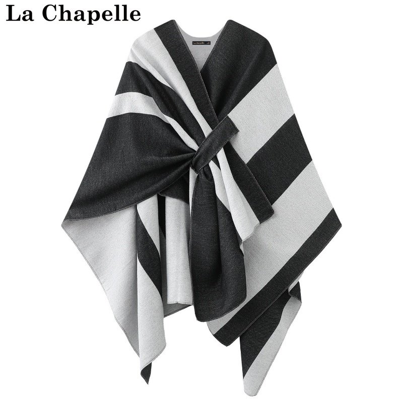 拉夏贝尔/La Chapelle冬季款条纹针织披肩女厚款斗篷旗袍外搭上衣