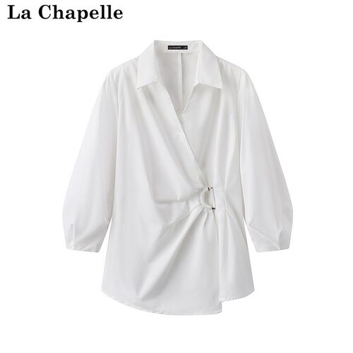 拉夏贝尔/La Chapelle气质通勤白色衬衫春季新款V领法式收腰上衣