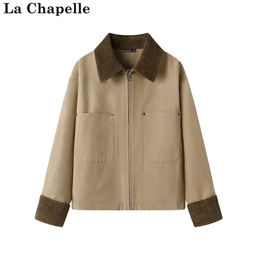 拉夏贝尔/La Chapelle秋冬新款撞色翻领宽松休闲拼接显瘦夹克外套