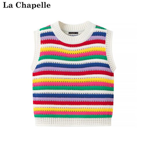 拉夏贝尔/La Chapelle夏季新款条纹撞色彩色圆领针织无袖背心上衣
