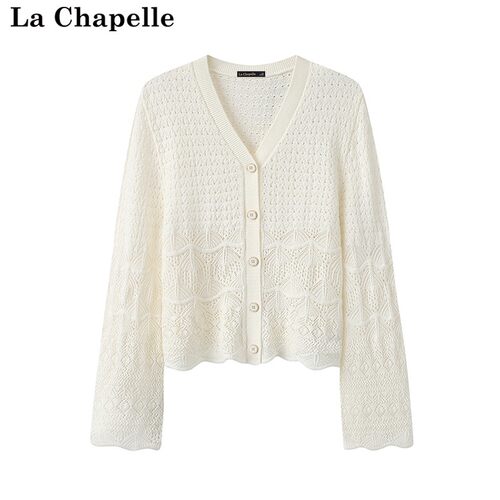 拉夏贝尔/La Chapelle镂空长袖针织衫开衫女春夏新款V领薄款上衣