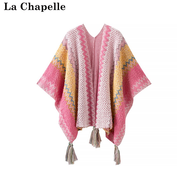 拉夏贝尔/La Chapelle旅游穿搭复古民族风针织外搭女士蓬流苏披肩