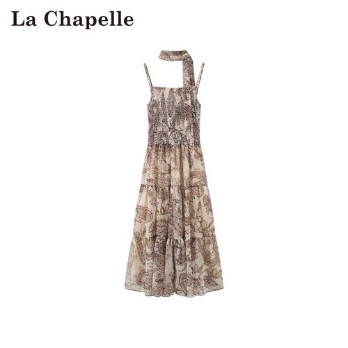 拉夏贝尔/La Chapelle春夏新款度假风高级感印花挂脖无袖连衣裙女