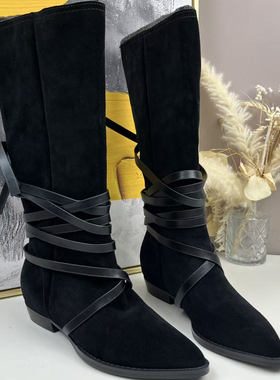 杰雷哈洛黑色牛皮秋冬单里绒面尖头长筒靴3003PA 3区 4/2 4中