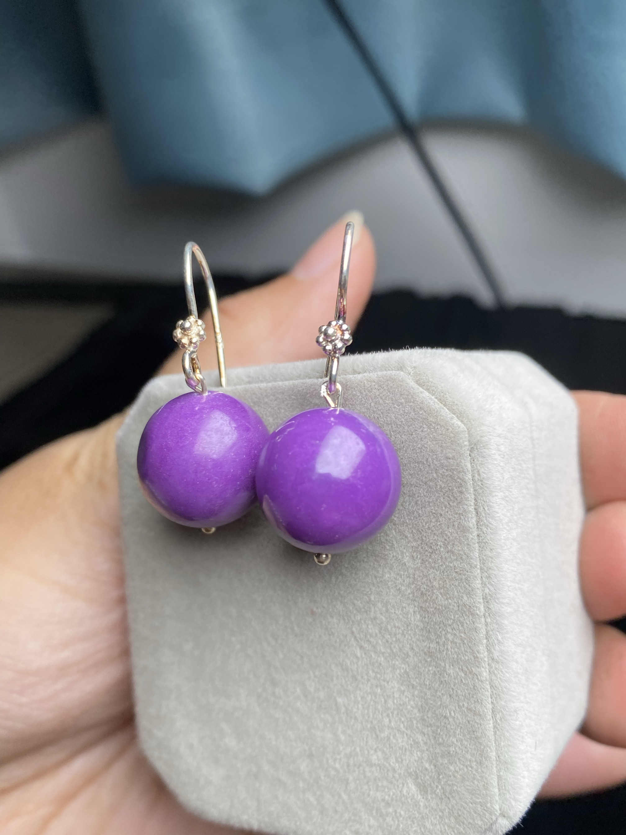 天然紫云母耳环 大珠子14MM 款式漂亮 925银贵族紫色气质大方耳饰