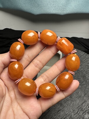 纯天然蜜蜡枣珠手链 俄料鸡油黄高品质微杂大颗粒18MM38克 保真