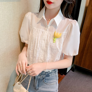 RM3300#泡泡短袖衬衫 夏季新款花朵褶皱肌理感设计小众上衣