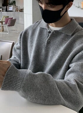 翻领polo衫毛衣男士宽松韩版百搭纯色打底针织衫上衣外套宽松版