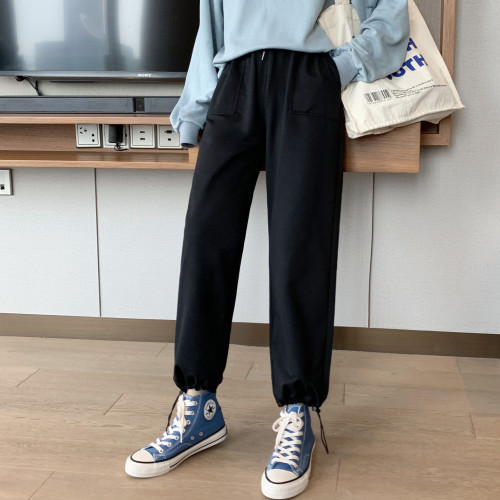 Autumn and winter drawstring adjustable sports pants women's Korean loose straight tube wide leg pants high waist leisure