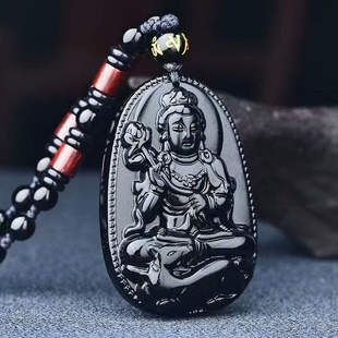 天然黑曜石大势至菩萨吊坠毛衣链男女款十二生肖马守护神项链挂坠