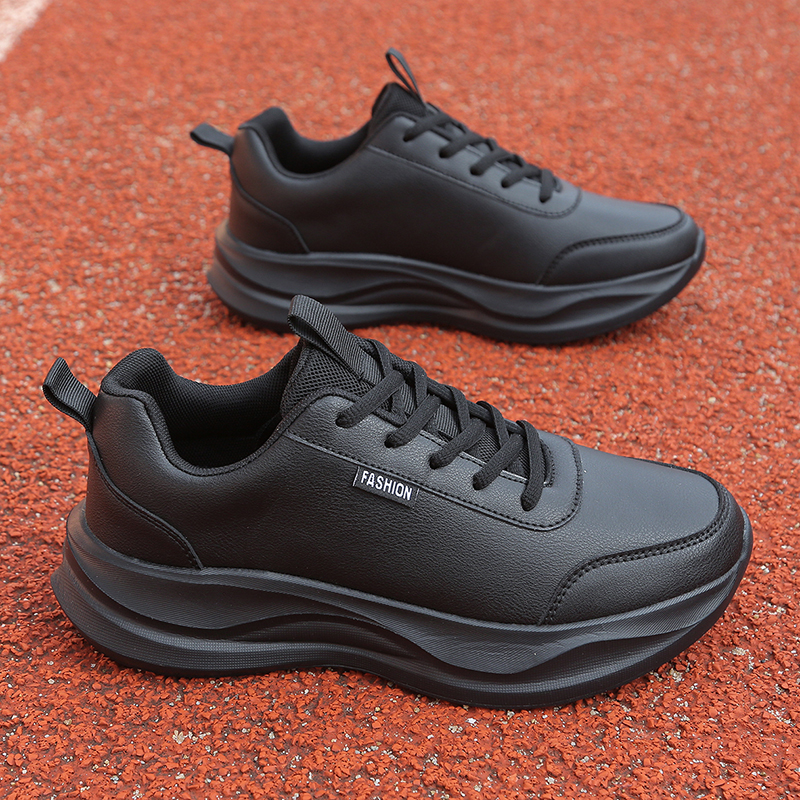 全黑色秋冬加绒皮面防水运动鞋男士厚底增高休闲鞋防滑软底跑步鞋