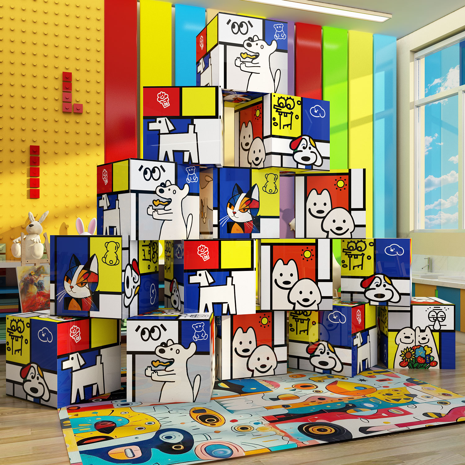 蒙德里安画室场景氛围布置美术教室环创画展墙面装饰贴画盒子材料