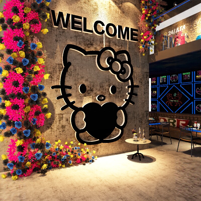 hellokitty主题布置清吧小酒馆网红打卡造景直播背景墙面贴纸装饰