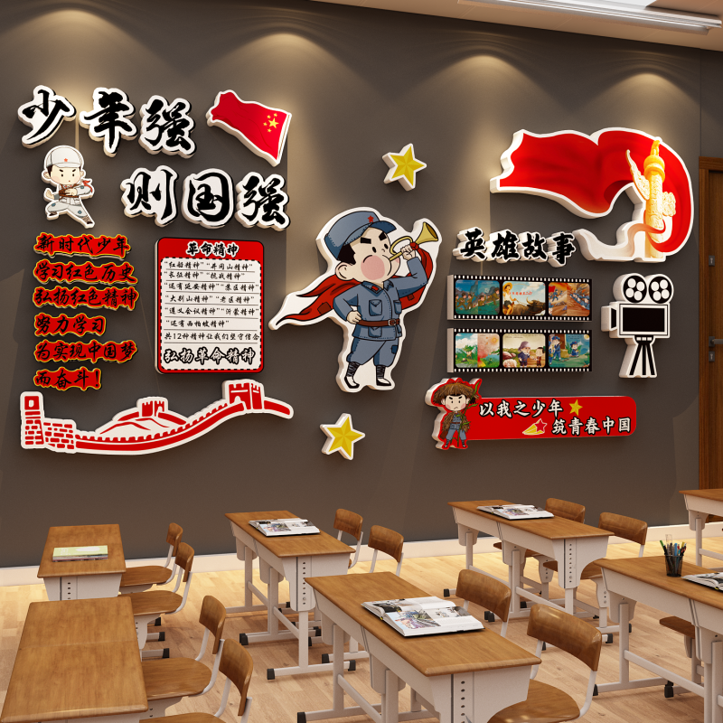 红色爱国主题文化墙贴纸抗日战争场景黑板报小学班级布置教室装饰