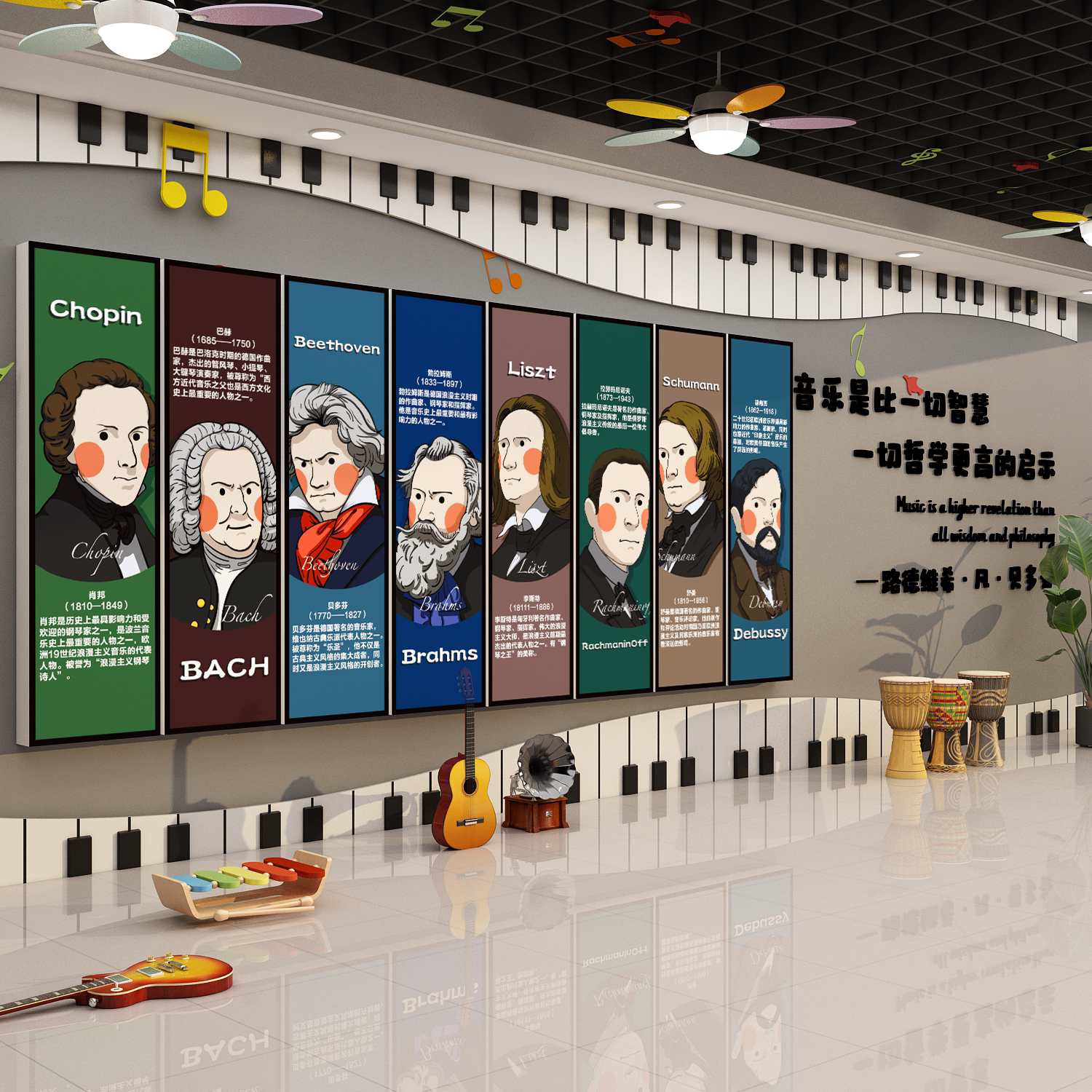 音乐教室布置装饰钢琴行区墙面环创培训机构幼儿园背景文化贴材料