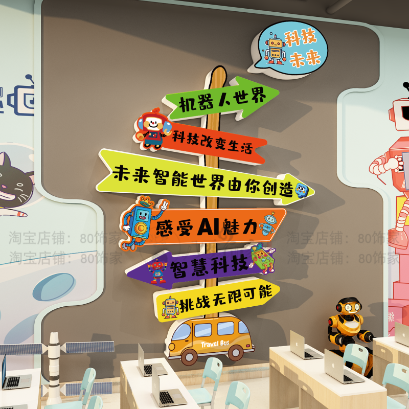 少儿机器人编程教室幼儿园科技节环创场景布置装饰ai主题文化墙贴