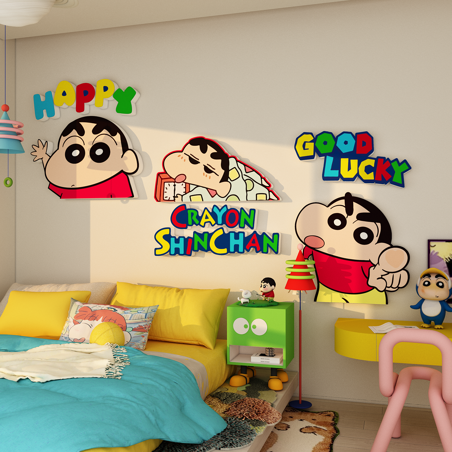 儿童房间布置墙面装饰挂画卧室蜡笔小新贴纸海报多巴胺3d立体床头