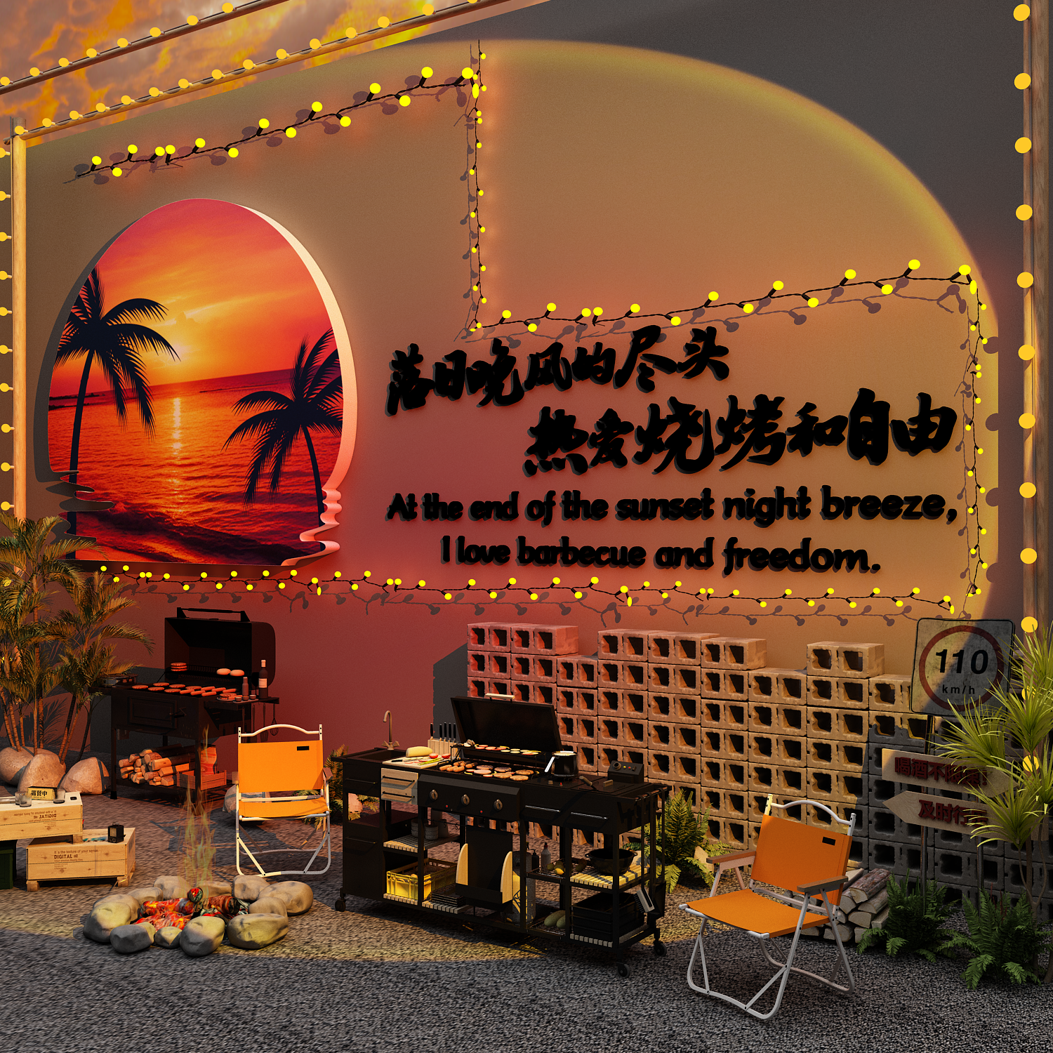网红烧烤店打卡墙面装饰创意餐饮落日晚风的尽头造景氛围布置贴纸