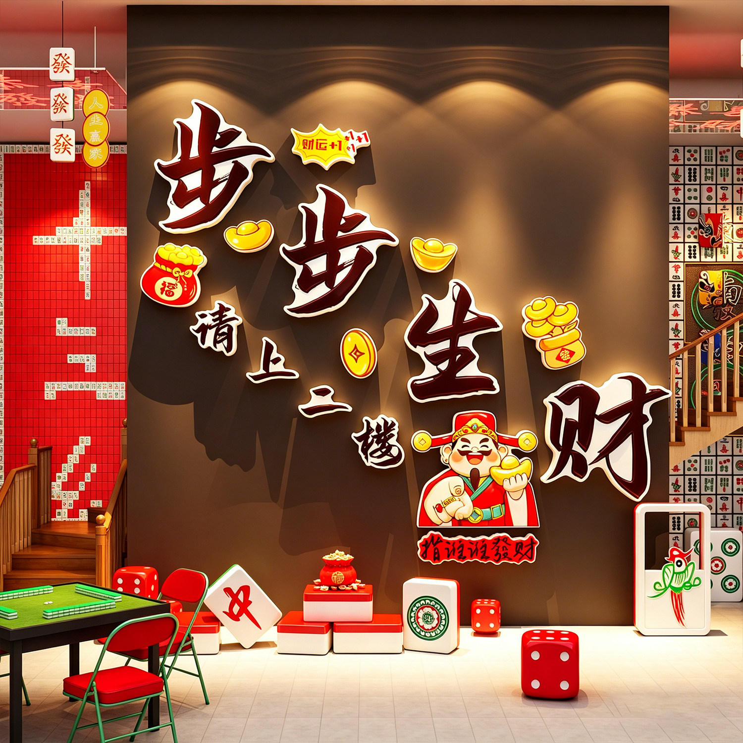 步步生财请上二楼指示牌棋牌室墙面装饰麻将馆楼梯台阶扶手墙贴纸