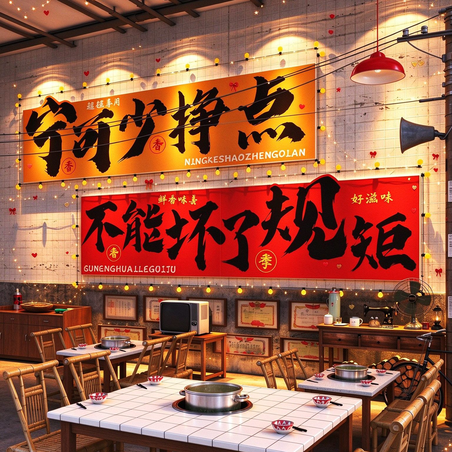 市井破旧火锅烧烤店形象墙贴