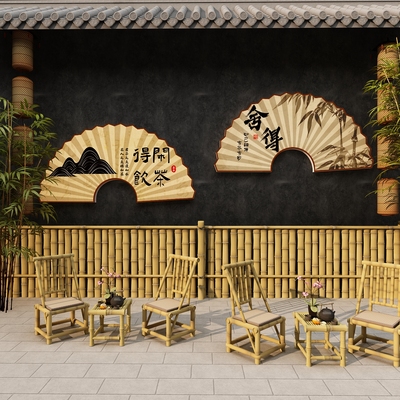 茶室氛围布置养生馆背景墙面装饰画古风中式扇子形网红文化贴道具