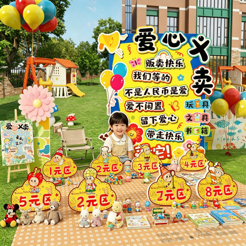六一儿童节幼儿园跳蚤市场摊位海报氛围布置环创主题墙广告牌kt板