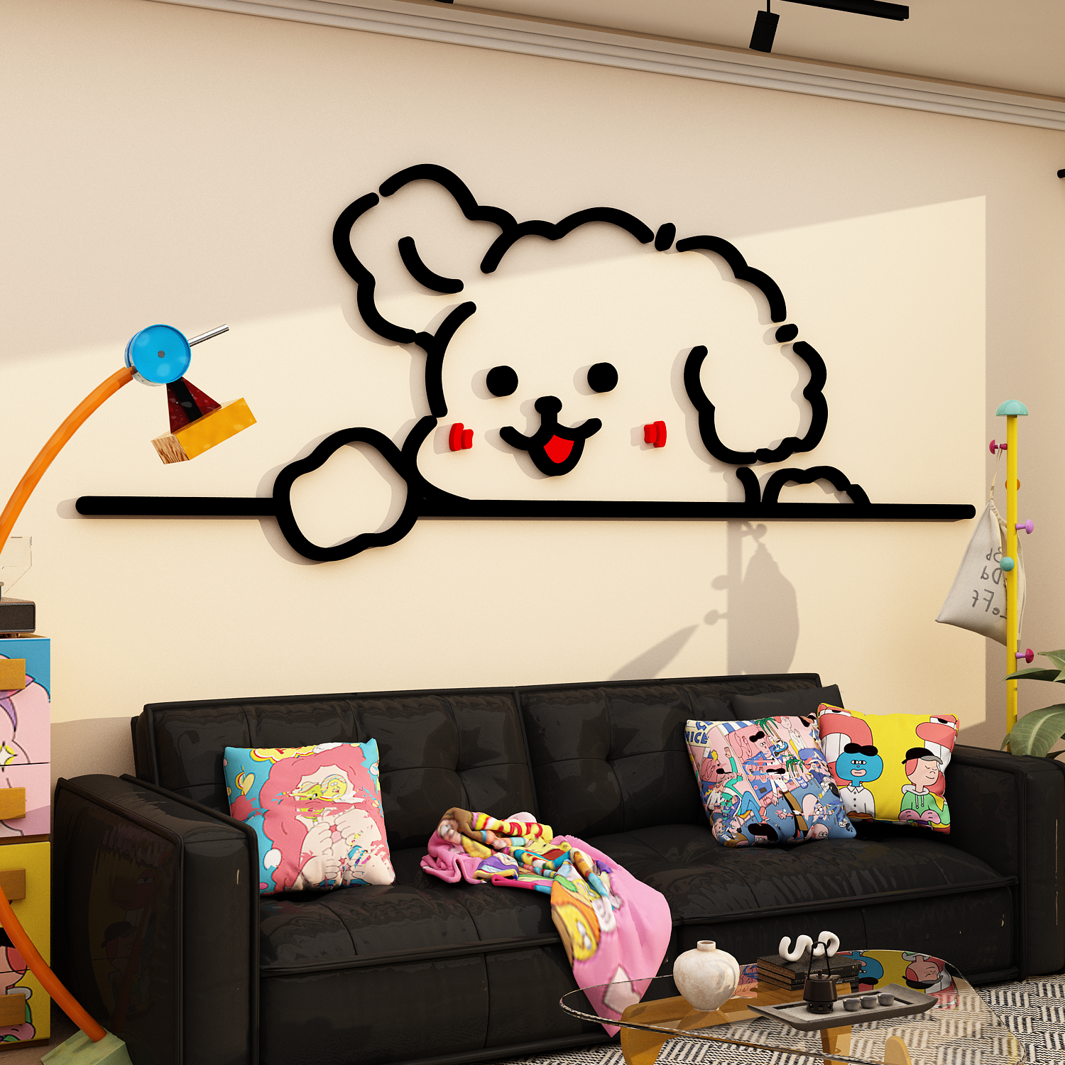 线条小狗电视机背景墙面装饰画挂件贴纸自粘点缀新款亚克力3d立体