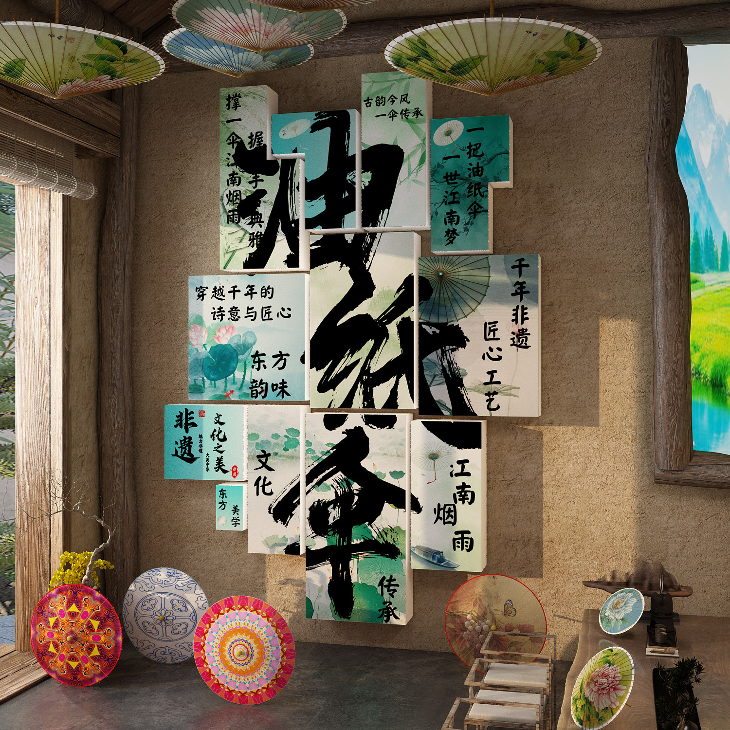 中国古风油纸伞摊位环创传统非遗文化墙面装饰造场景布置网红打卡