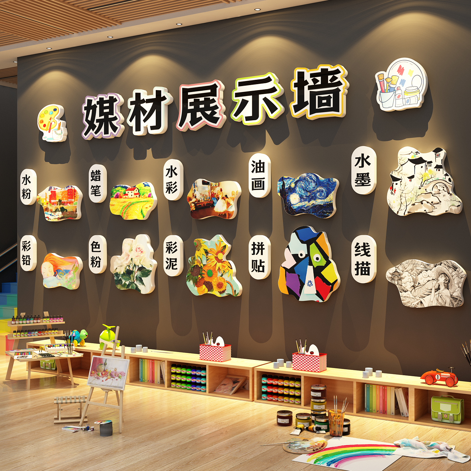 画室氛围布置美术教室机构幼儿园环创主题媒材作品展示墙面装饰贴